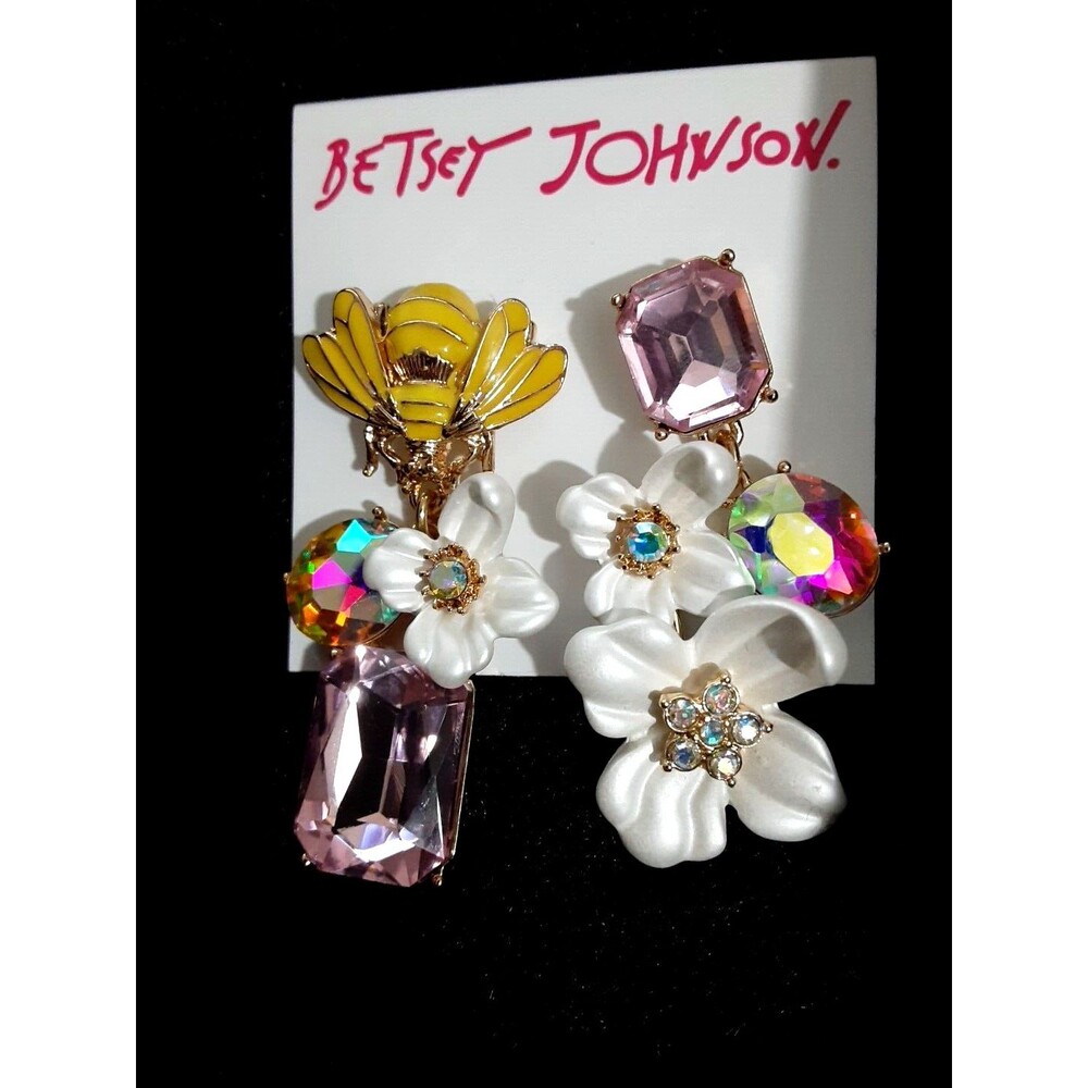 Betsey Johnson Mismatched Floral Bee Drop Earrings with Glass Stones